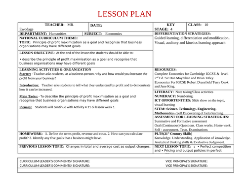 Lesson Plan for Economics Year 10 | Teaching Resources