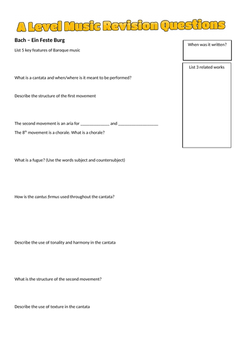 A Level Music (Edexcel) Revision Questions AOS 1 and 2