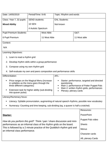 Harry Potter Music Rhythm Lesson