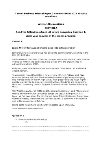 Practice questions for Edexcel A Level Business Paper 2 in AS format but suitable for A Level