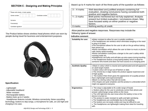 GCSE Mock Exam Questions - Design and Technology 8552 - Section C Designing and making principles