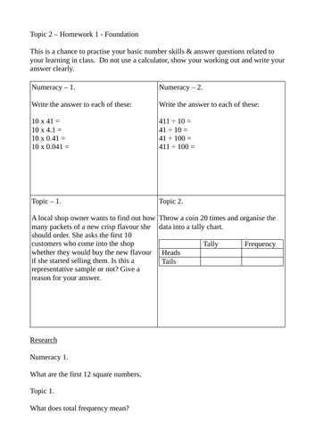 Specifying a Problem & Interpreting Data Homework Pack. Maths KS3/GCSE