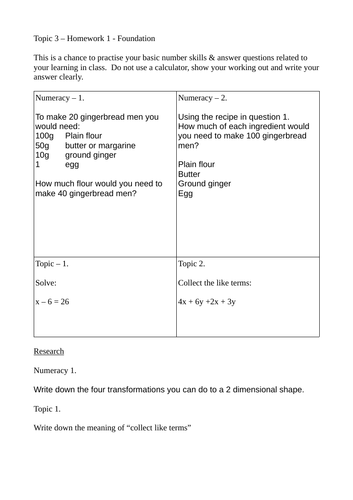 Expression, equations, formula & identities homework pack. Maths KS3/GCSE.