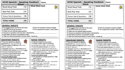 GCSE Spanish Speaking Feedback Sheet [Updated for New GCSE Spec for 2026]