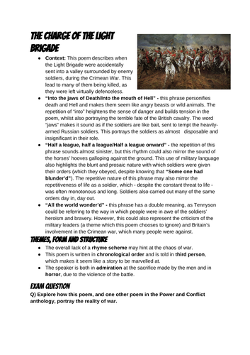 wrcEngLangLit on X: Y11 AQA English Literature Paper 2- Power and Conflict  cluster- 'The Charge of the Light Brigade' by Alfred, Lord Tennyson Key  Quotes.  / X