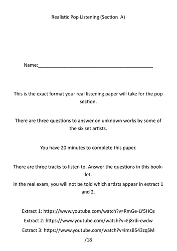 AQA A-Level Music Pop Listening Exercises (Section A) - AoS 2