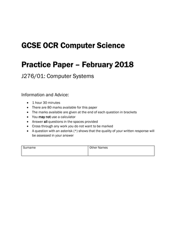 OCR GCSE Computer Science (from 2018) Practice Paper