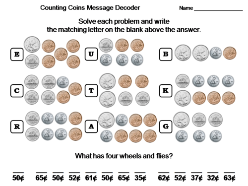 Counting Coins with Canadian Money Activity: Math Message Decoder