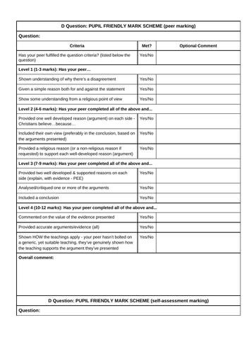 Edexcel Religious Studies GCSE D question assessment sheets