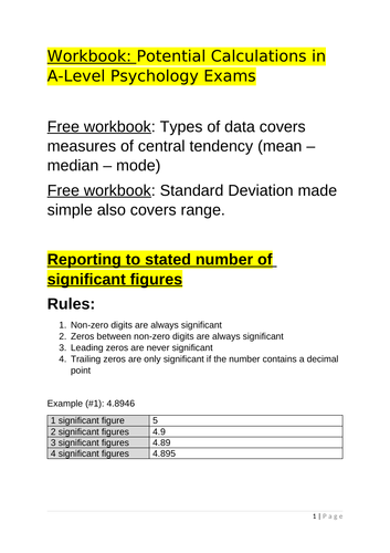 Workbook for  potential calculations, Research Methods, A-Level Psychology Exams