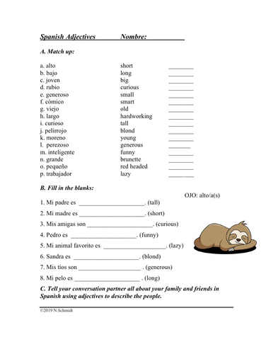 Spanish Adjectives Worksheet Adjectivos En Español Teaching Resources 3994