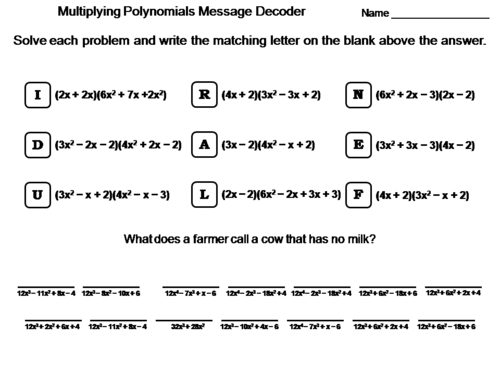 Multiplying Polynomials Worksheet: Math Message Decoder