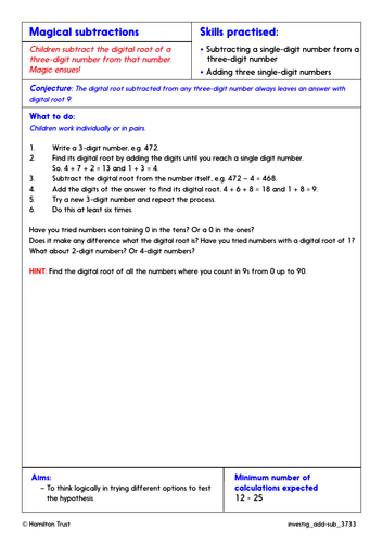 Mentally add/subtract 1-digit numbers - Problem-Solving Investigation ...