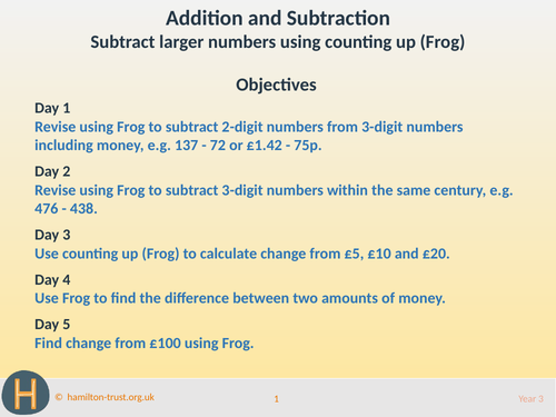 Subtract larger numbers using counting up (frog) - Teaching Presentation - Year 3