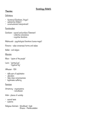 A-level Sociology Beliefs Checklist