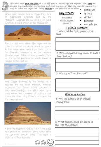 ancient egyptian reading skills comprehension sheets year 3 and 4 pack 2 teaching resources