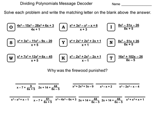 Dividing Polynomials Worksheet: Math Message Decoder