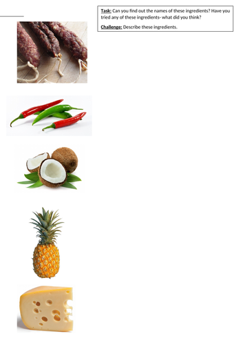 DT/ Food technology- Naming ingredients EAL worksheet