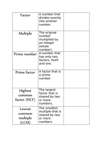 Match up keywords factors, multiples and prime numbers