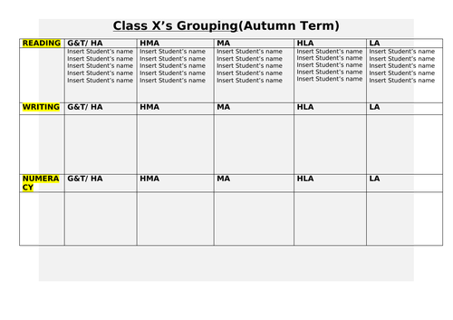 New class attainment grouping sheet