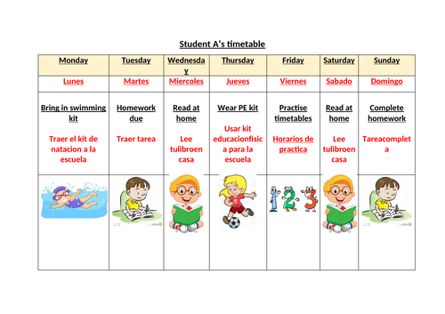 EAL/ SEN student's visual home timetable- translated in Spanish by ...