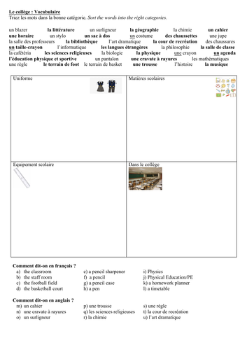 KS3 KS4 GCSE French - Le collège / Mon bahut - Vocabulary / Vocabulaire - "Categoriser" Worksheet