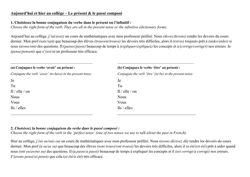 KS3 KS4 GCSE French - Aujourd'hui et hier au collège - School + Present + Passe Compose Worksheet