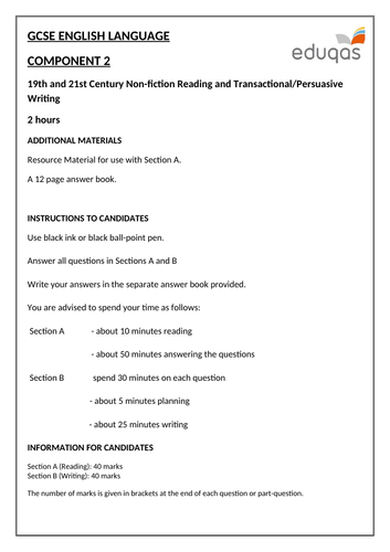 ANOTHER NEW Eduqas GCSE English Language - Component 2 - Practice Examination Paper
