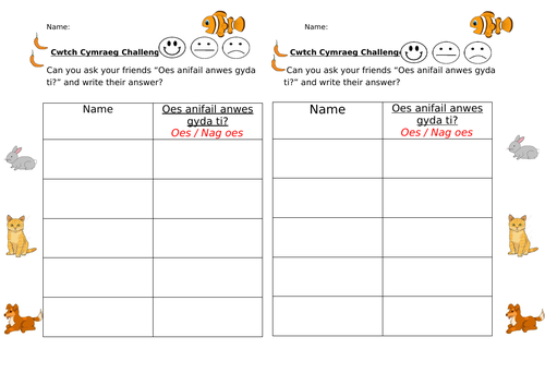 Oes Anifail Anwes Gyda Ti Oracy Recording Sheet By Meganjones94