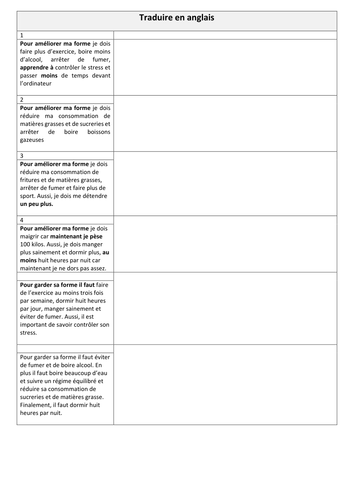 KS3/4 French - Things to do to stay healthy