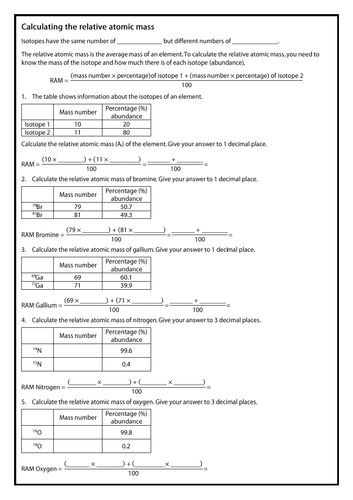 Calculating relative atomic mass support sheet