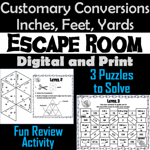 Customary Conversions of Length: Inches, Feet & Yards Escape Room Math Activity
