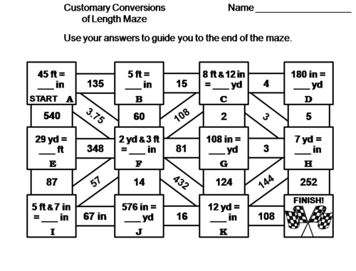 Converting Customary Units of Length Activity: Inches, Feet, Yards: Math Maze