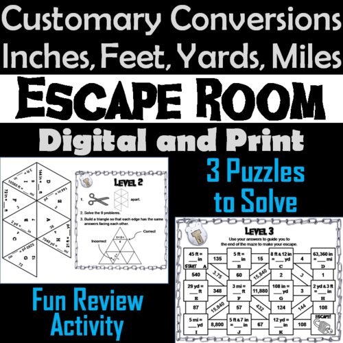 Customary Conversions Activity: Inches, Feet, Yards, Miles Escape Room Math