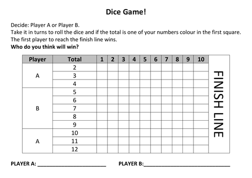 Probability dice game worksheet by scottmarch | Teaching Resources