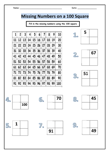 100 square worksheets teaching resources