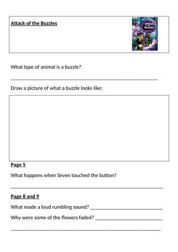 Attack of the Buzzles Guided reading sheets project X Turquoise level