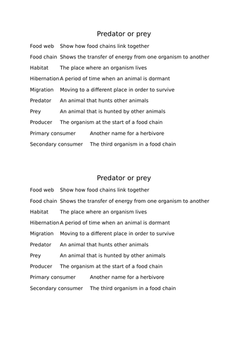 Key word match up for Preditor/ Prey