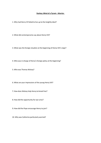 Questions to accompany Mind of a Tyrant - Warrior by Starkey