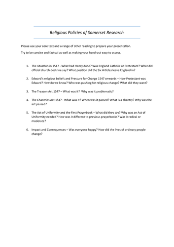 Research task on the religious policies of the Duke of Somerset