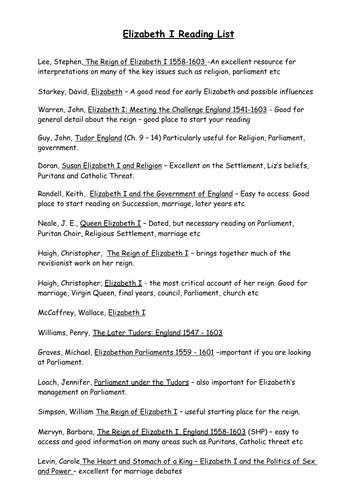 Detailed reading list for Elizabeth I
