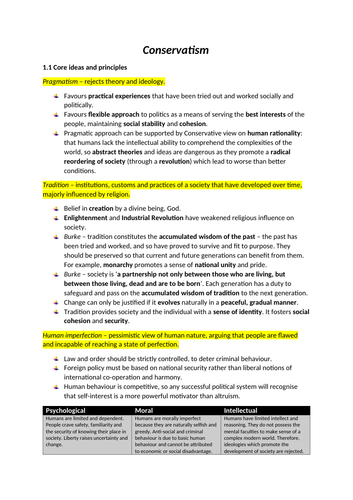 Edexcel AS Politics (New Spec) - Core Ideologies - Conservatism Revision Document