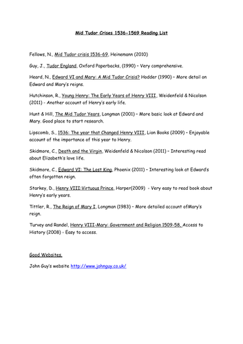 Mid Tudor Crisis Reading List