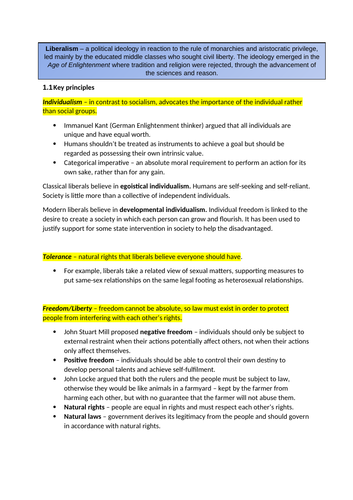 Edexcel AS Politics (New Spec) - Core Ideologies - Liberalism Revision Document