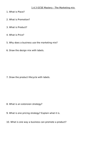 1.4.3 Marketing Mix Mastery Quiz (10 question quiz) Edexcel GCSE