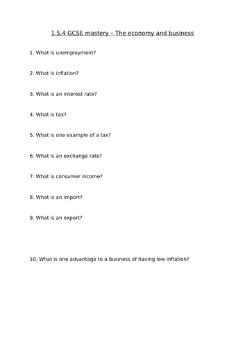 1.5.4 The economy and business Mastery quiz (10 question test) Edexcel GCSE Business