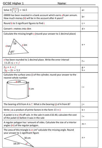 Higher GCSE 9-1 Maths revision activity - Pass on the answer