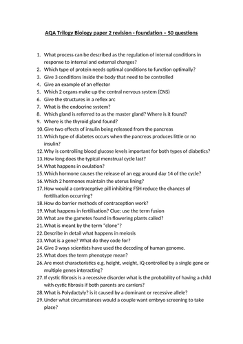 AQA Trilogy Biology paper 2 revision F - 50 questions with answers