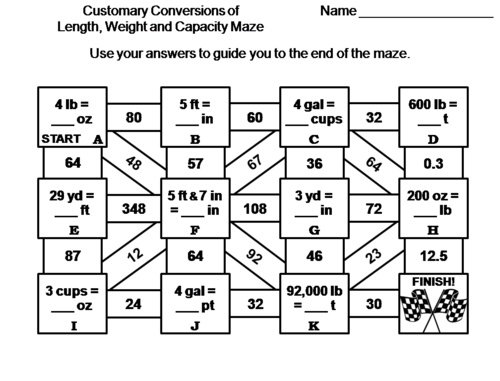 Customary Conversions of Length, Weight and Capacity: Math Maze