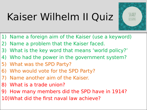 GCSE Nazi Germany Knowledge Organiser Quiz (Kaiser Wilhelm)